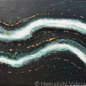 Abstract acrylic painting in deep teal, white and gold showing interlocking forms representing connection, by Australian artist Hemakshi Valera