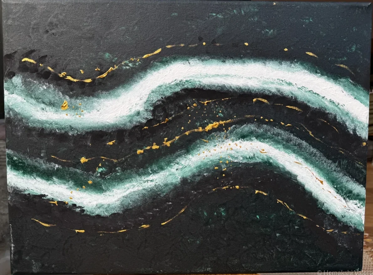 Abstract acrylic painting in deep teal, white and gold showing interlocking forms representing connection, by Australian artist Hemakshi Valera