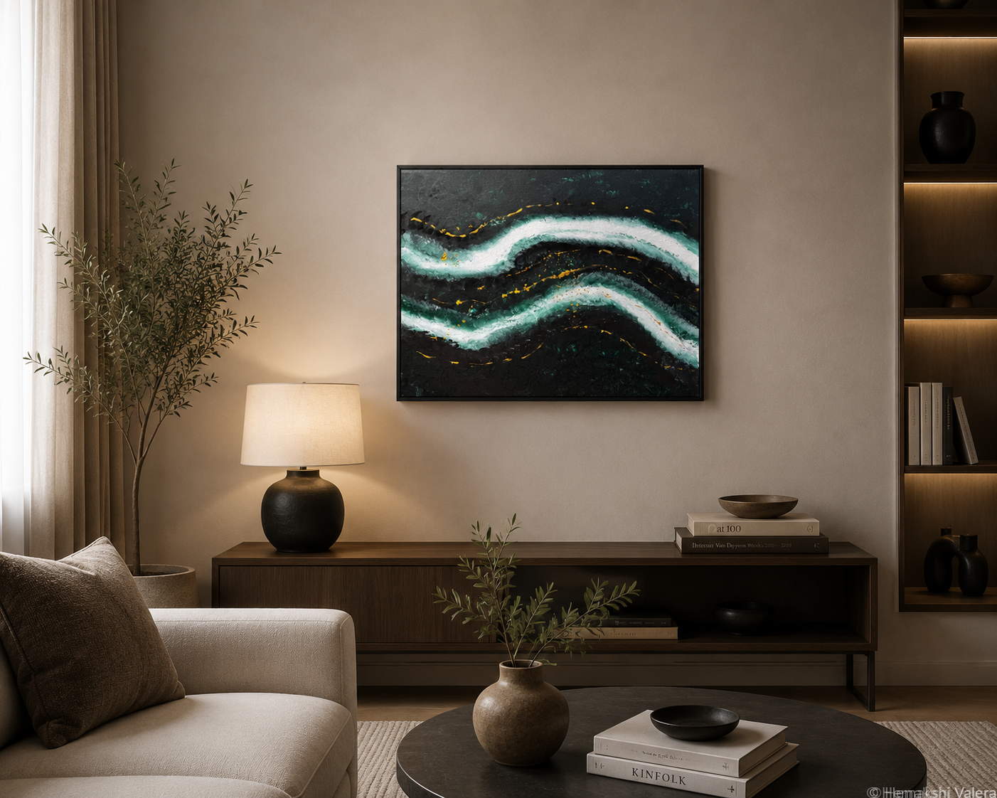 What Connects Us, an original deep teal, white and gold abstract painting, hanging above a sofa in a modern living room