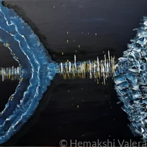 Large abstract acrylic painting in deep black and ice blue with white and gold sound wave running through the centre and textured glacial forms, by Australian artist Hemakshi Valera