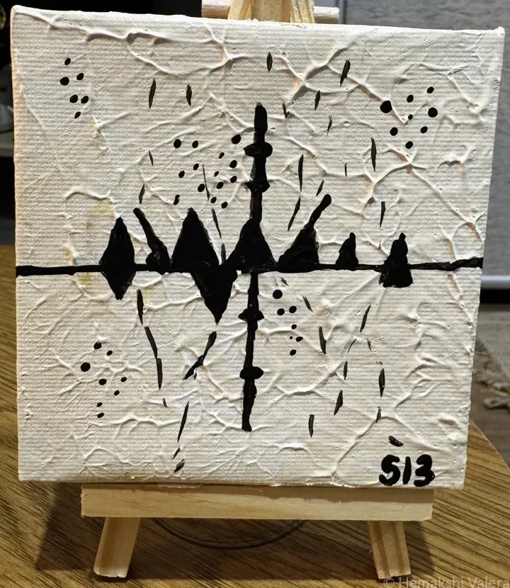 Small square abstract acrylic painting in soft intimate tones capturing the unspoken communication that passes between people through music, by Australian artist Hemakshi Valera