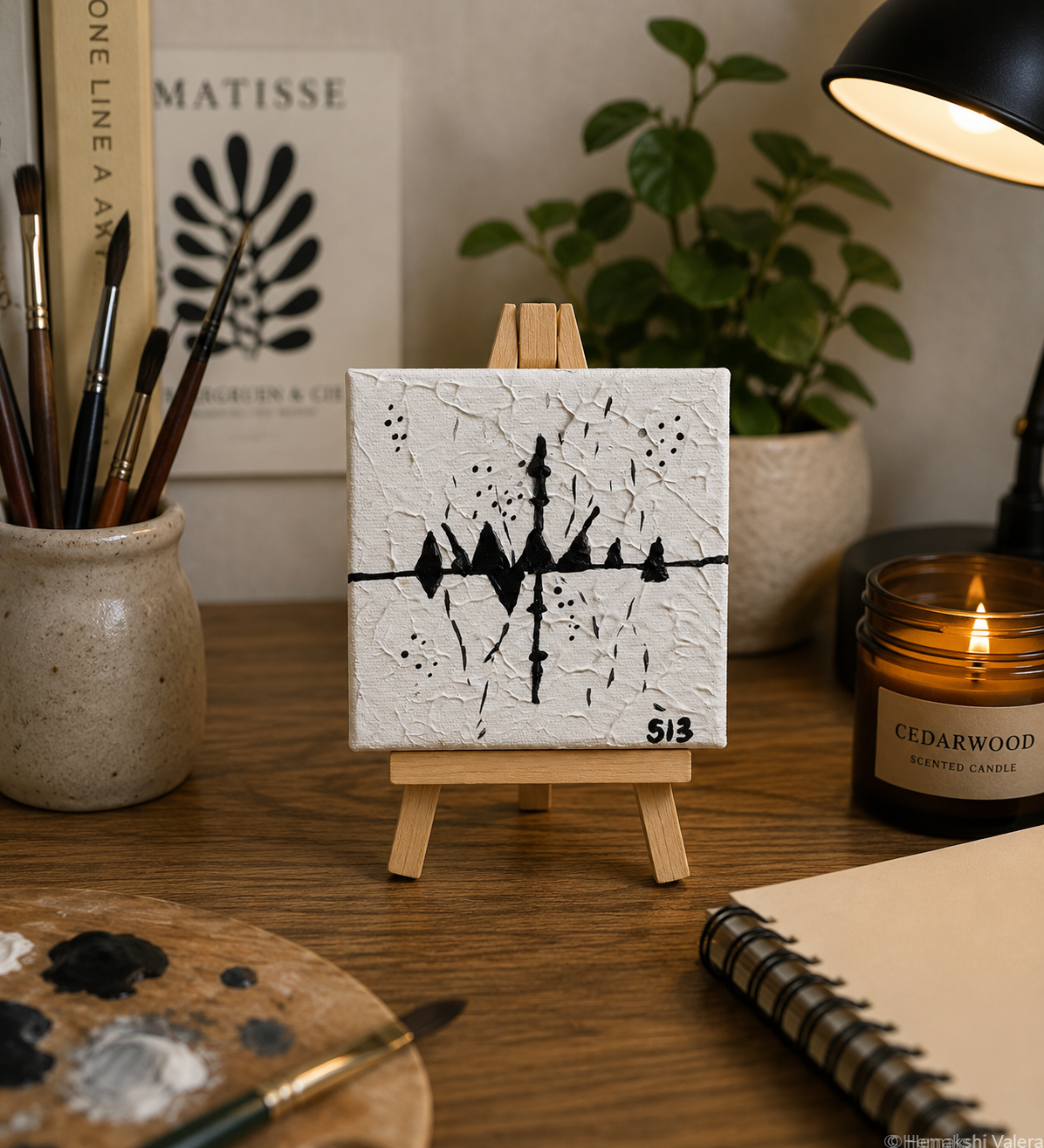 Whispers Between Us, an original soft-toned mini soundwave canvas on a small wooden stand, displayed on a shelf
