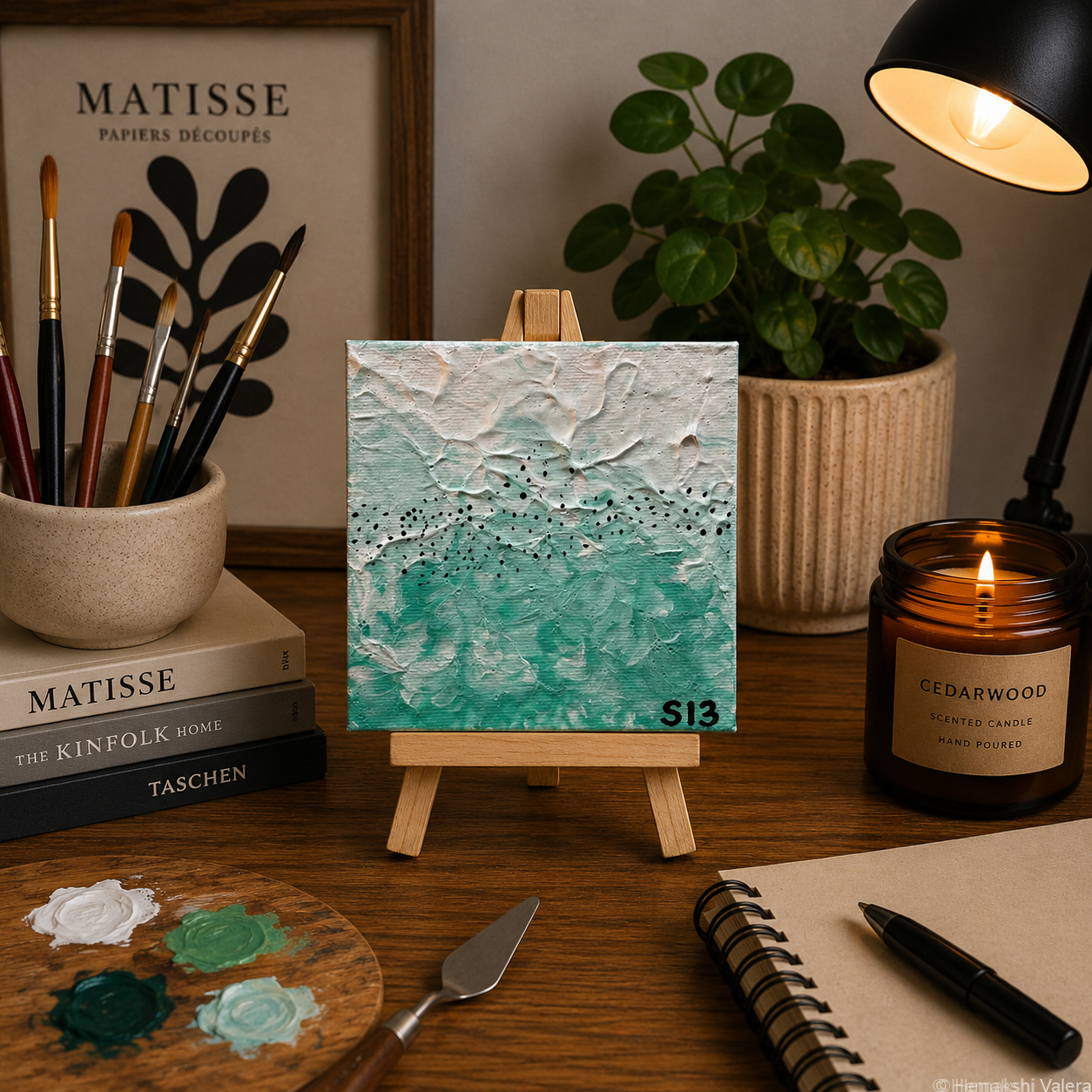Whispers Between Waves, an original teal and white textured mini canvas on a small wooden stand