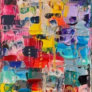 Small abstract acrylic painting in multiple vivid colours including pink, yellow, blue, red and green in an expressive layered composition, by Australian artist Hemakshi Valera