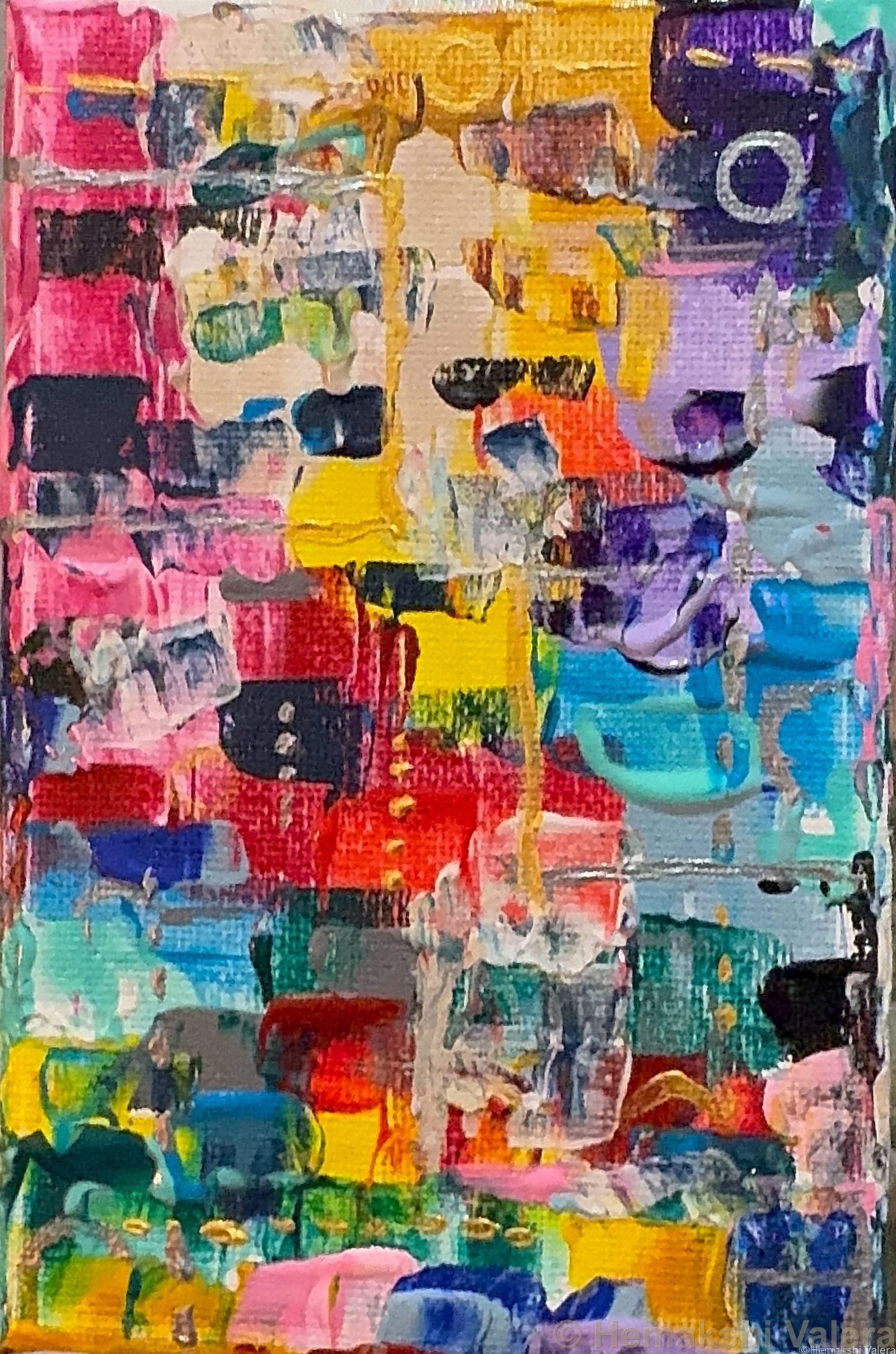 Small abstract acrylic painting in multiple vivid colours including pink, yellow, blue, red and green in an expressive layered composition, by Australian artist Hemakshi Valera