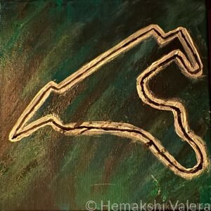 Acrylic painting of the Spa-Francorchamps Formula 1 circuit layout in raised gold and cream paint against a deep forest green and teal textured background, by Australian artist Hemakshi Valera