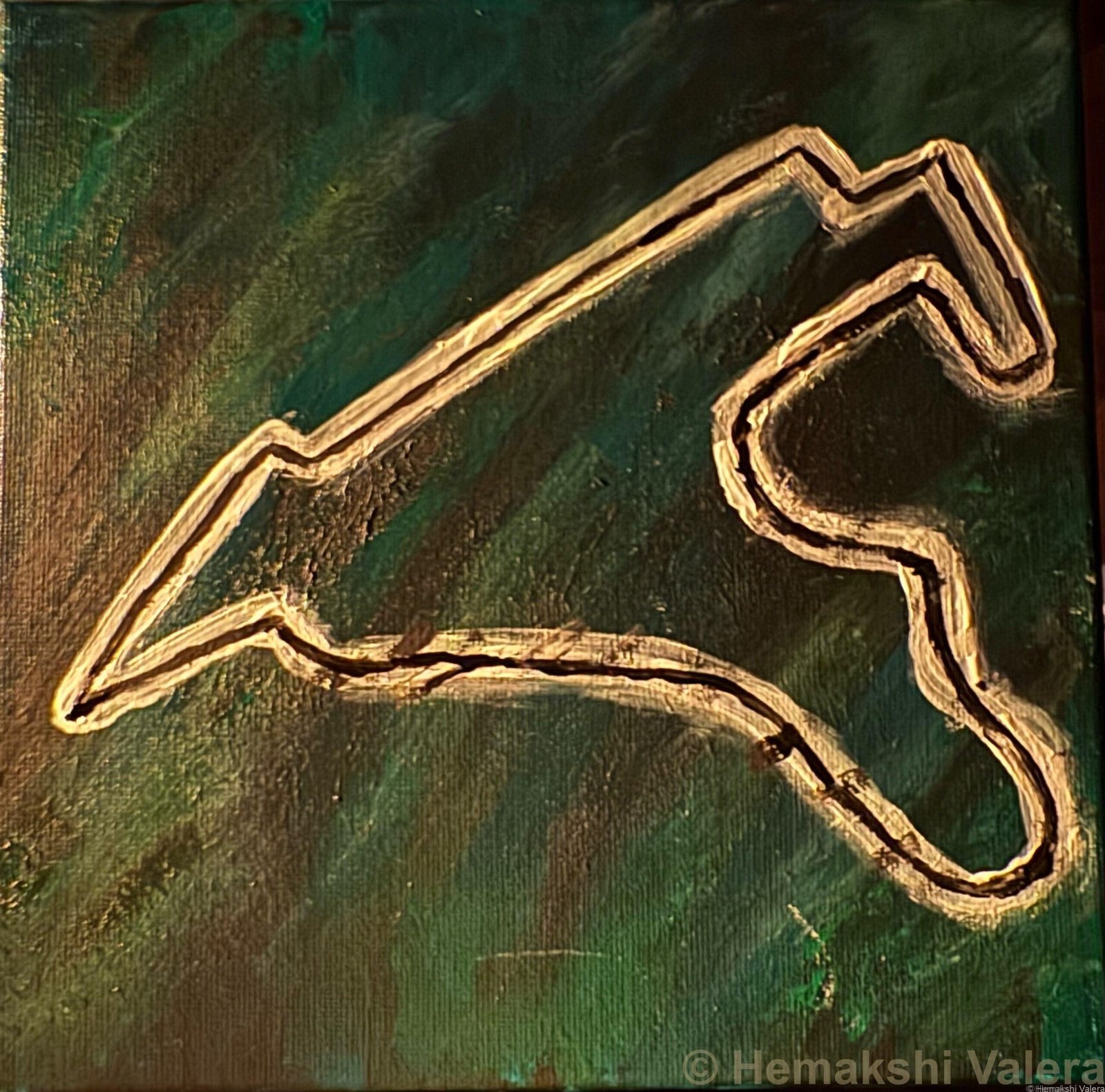 Acrylic painting of the Spa-Francorchamps Formula 1 circuit layout in raised gold and cream paint against a deep forest green and teal textured background, by Australian artist Hemakshi Valera