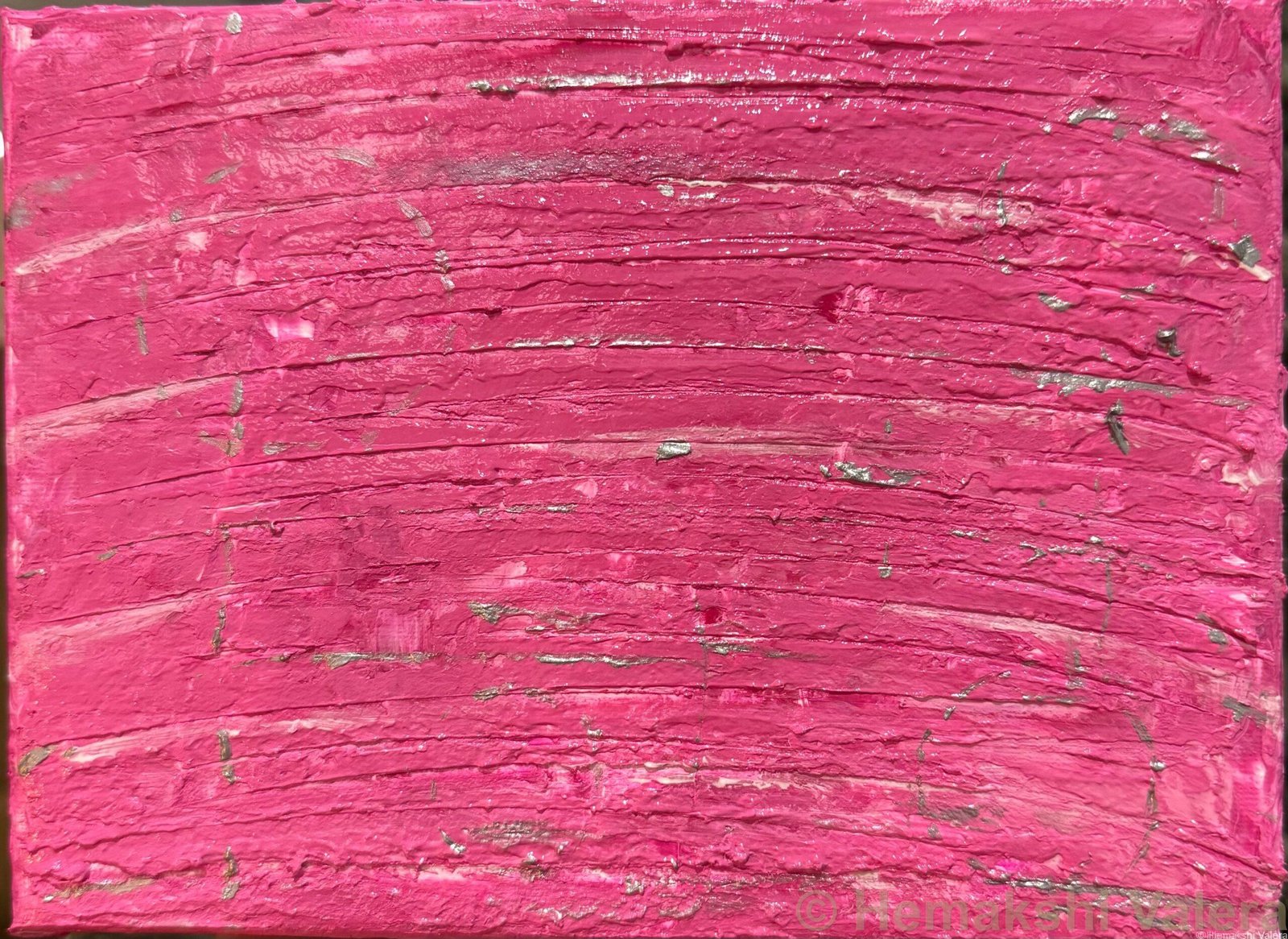 Abstract acrylic painting in hot pink with silver horizontal lines and texture, by Australian artist Hemakshi Valera
