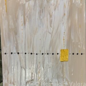 Abstract acrylic painting in white and gold with layered brushstrokes and a horizontal black dotted line, by Australian artist Hemakshi Valera