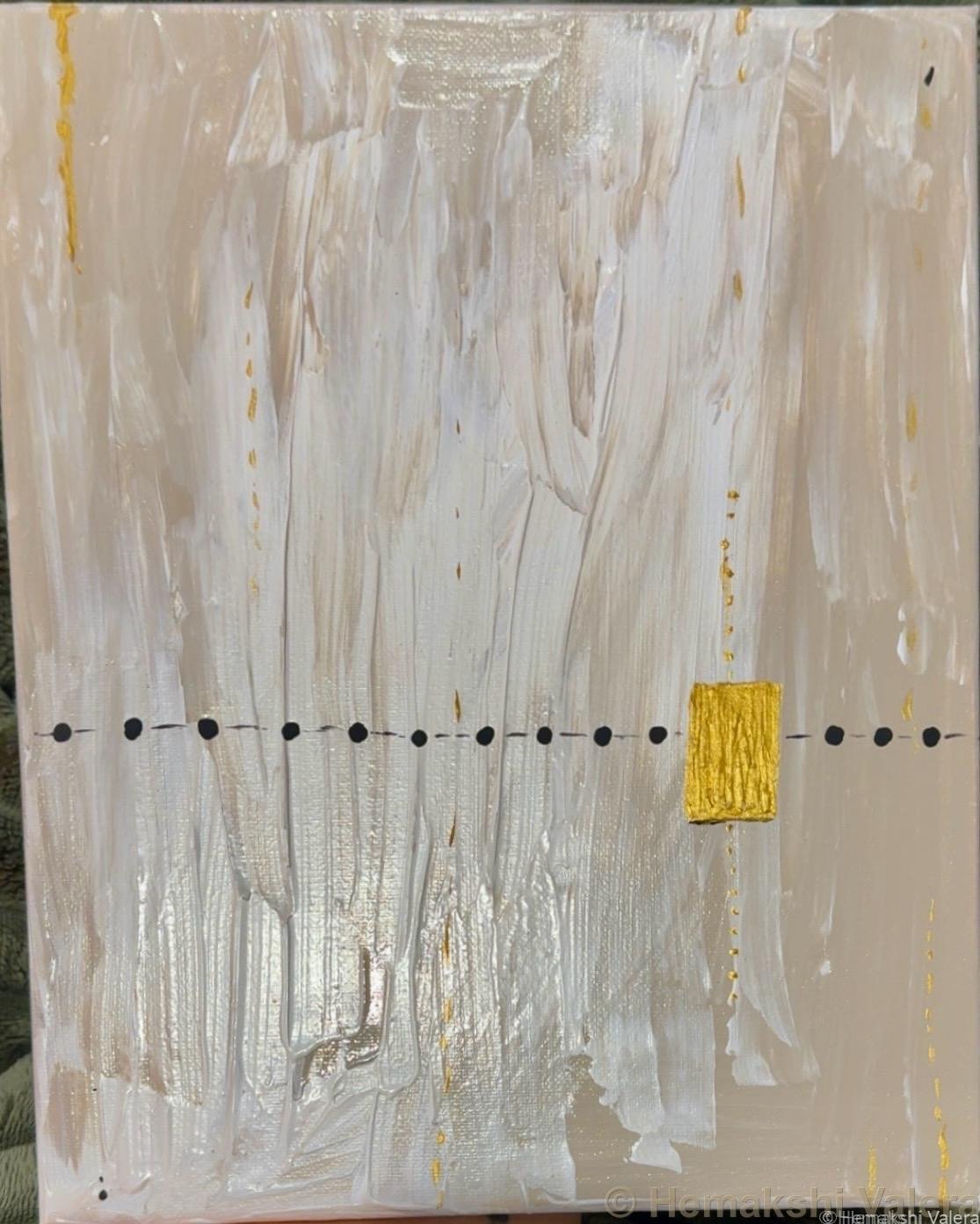 Abstract acrylic painting in white and gold with layered brushstrokes and a horizontal black dotted line, by Australian artist Hemakshi Valera
