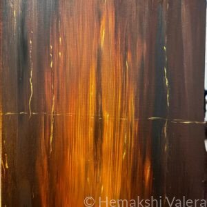 Abstract acrylic painting in deep brown and amber with a vertical column of golden orange light rising through dark earth tones, by Australian artist Hemakshi Valera