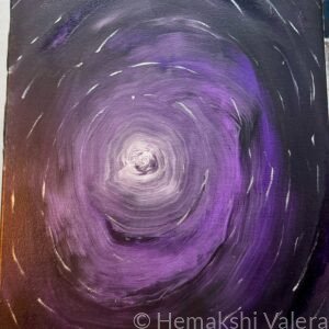 Abstract acrylic painting with deep purple spiral vortex against black background with silver brushstrokes, by Australian artist Hemakshi Valera