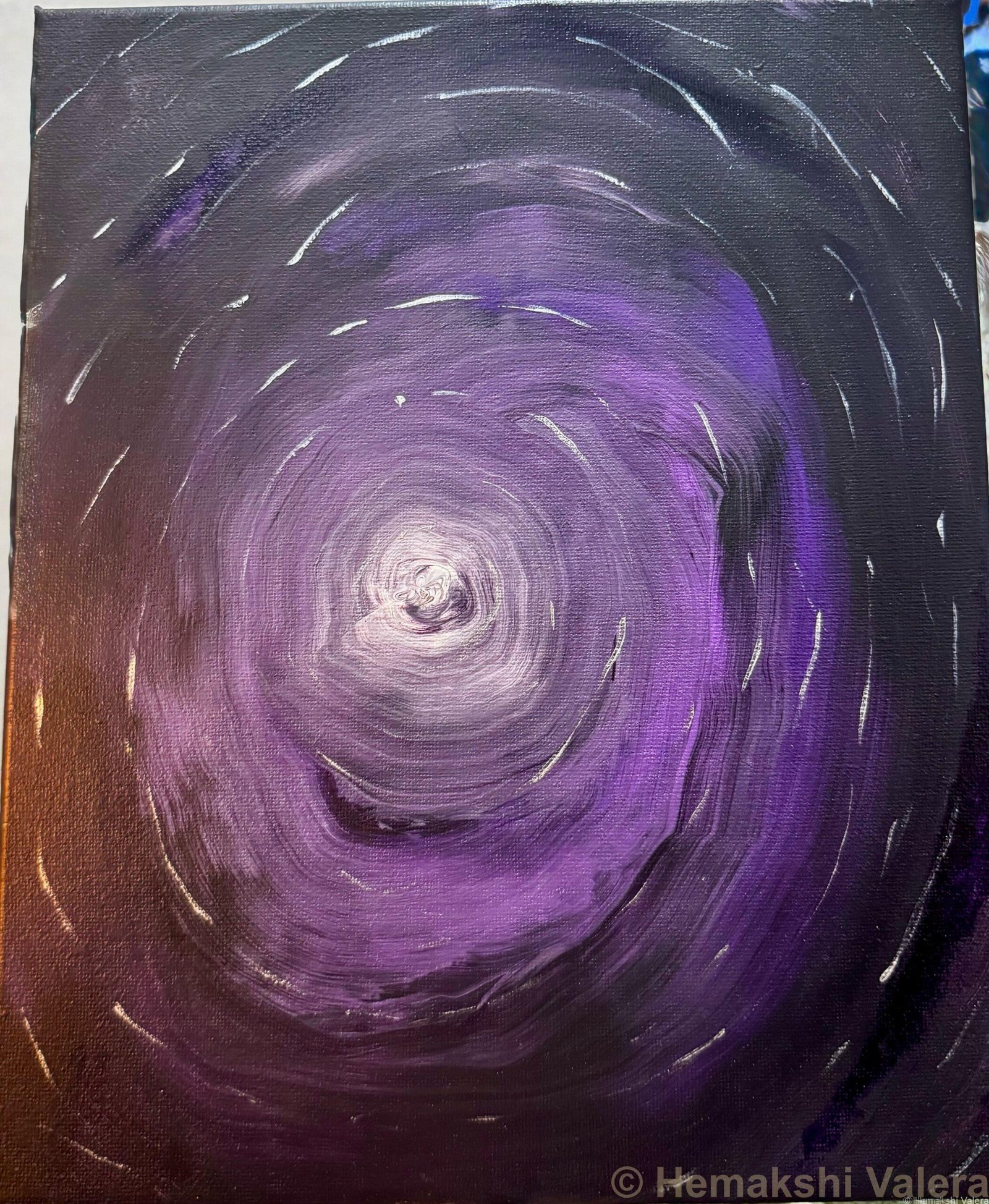 Abstract acrylic painting with deep purple spiral vortex against black background with silver brushstrokes, by Australian artist Hemakshi Valera