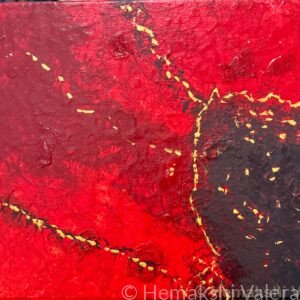 Abstract acrylic painting in deep crimson and black with gold veining and textured brushstrokes, by Australian artist Hemakshi Valera