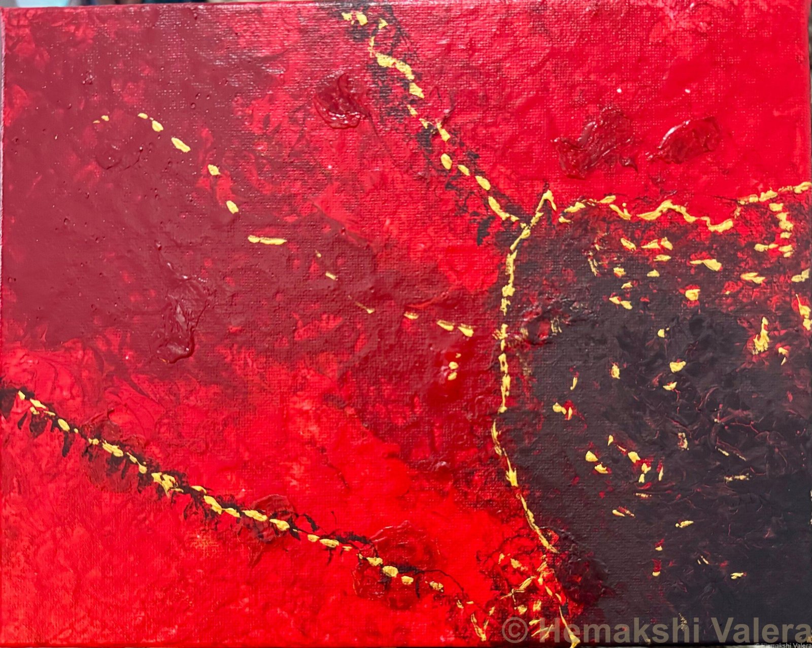 Abstract acrylic painting in deep crimson and black with gold veining and textured brushstrokes, by Australian artist Hemakshi Valera