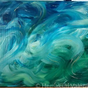 Large abstract acrylic painting in teal, emerald green and deep blue with sweeping brushstrokes and gold accents, by Australian artist Hemakshi Valera