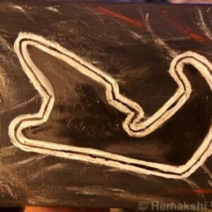 Acrylic painting of the Silverstone Formula 1 circuit outline in raised white paint on a dark textured background, by Australian artist Hemakshi Valera