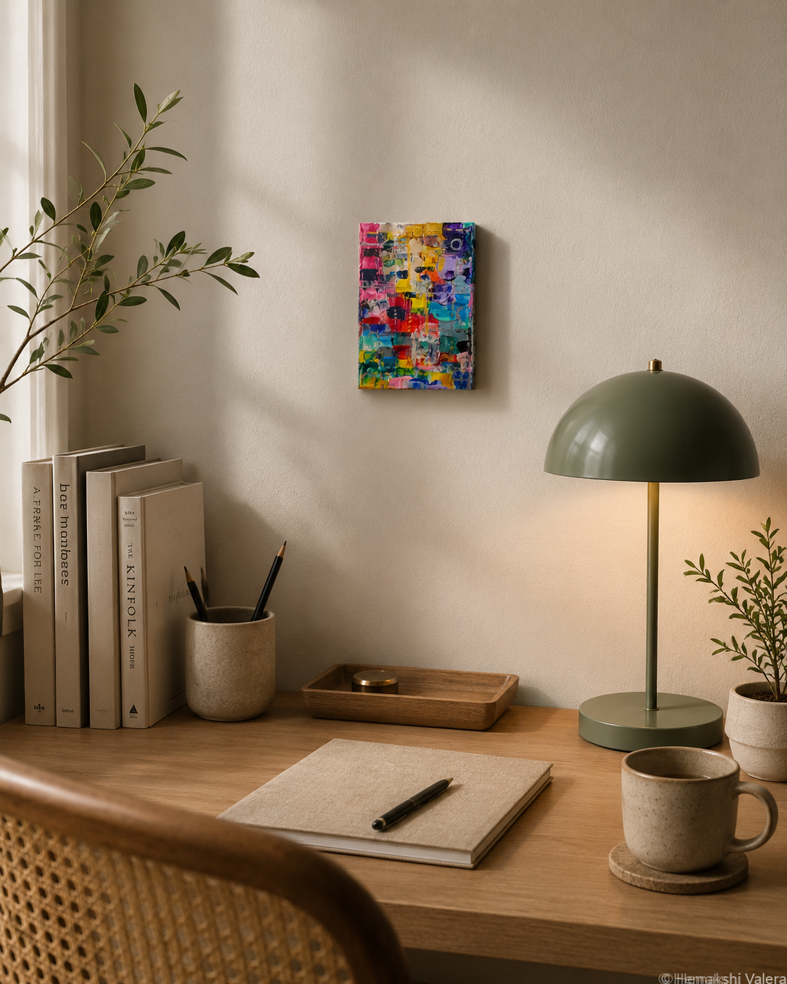 Becoming, a small original multicoloured abstract painting, displayed on a shelf in a bright modern interior