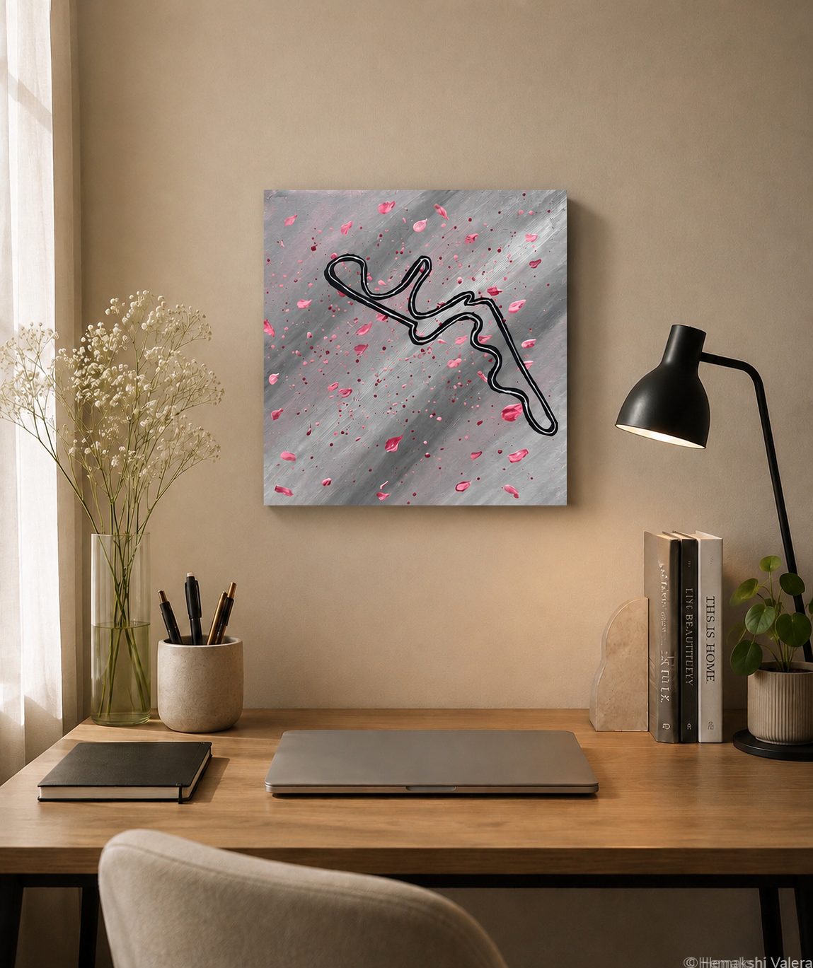 Blossoms of Suzuka, an original grey and pink F1 circuit painting with cherry blossoms, hanging on a pale wall