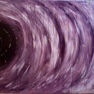 The Echo Remains painting — a large mauve and white swirl opening into a dark centre, with gold flecks and vertical paint drips