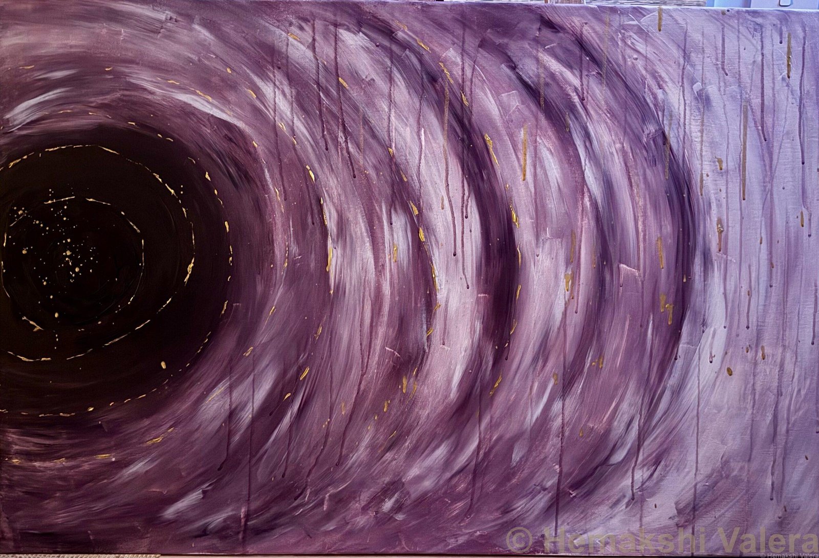 The Echo Remains painting — a large mauve and white swirl opening into a dark centre, with gold flecks and vertical paint drips