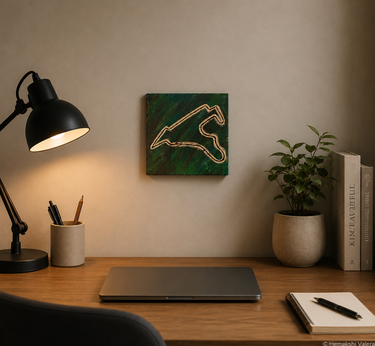 Heart of the Ardennes, an original gold on forest green F1 circuit painting, hanging in a study with dark timber shelving