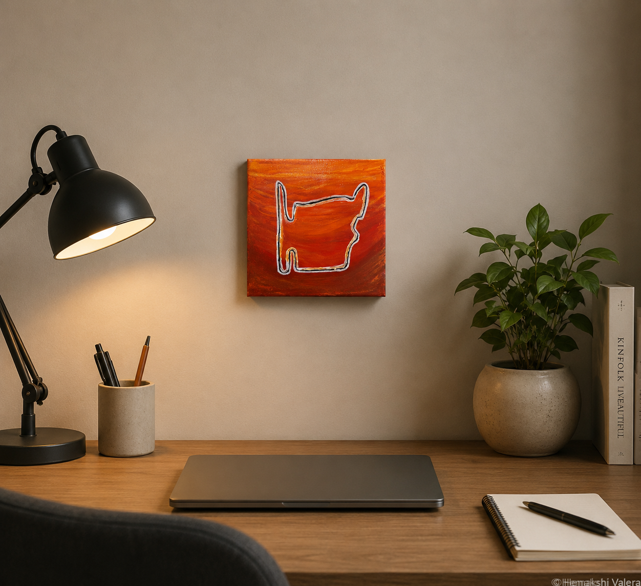 The Heat of Hungaroring, an original red and burnt orange F1 circuit painting, hanging above a desk in a home office