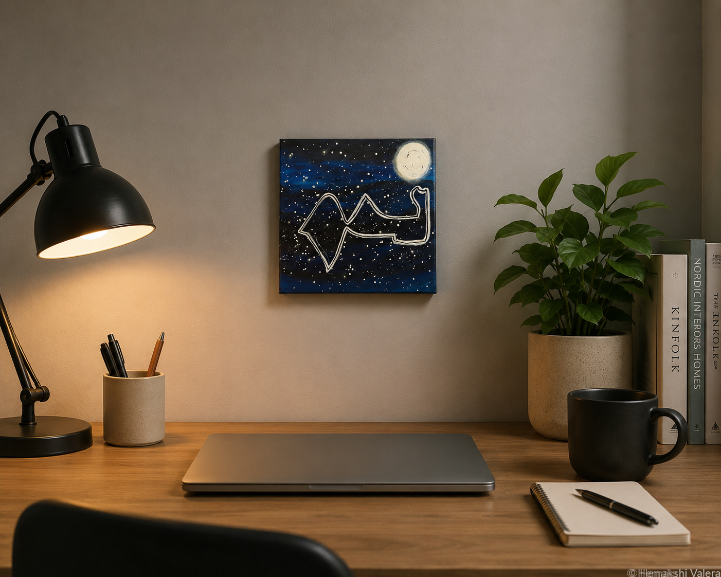 Moonlight of Marina Bay, an original night-sky F1 circuit painting, hanging in a dark-toned living room