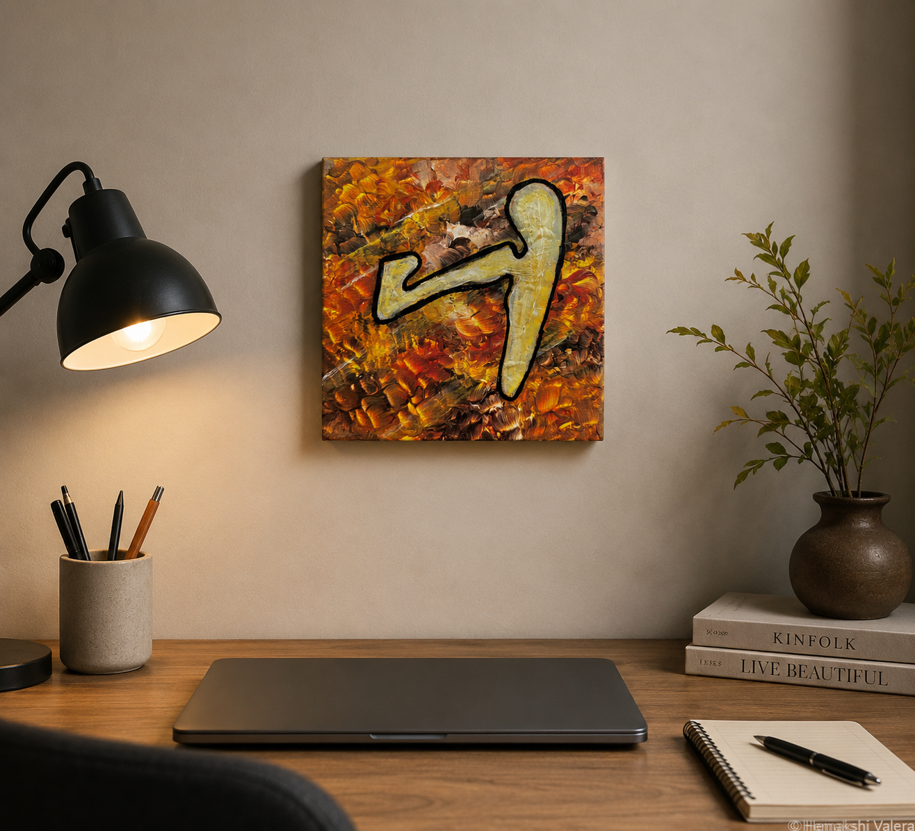 Shifting Sands of Zandvoort, an original brown and ochre F1 circuit painting, hanging above a timber sideboard
