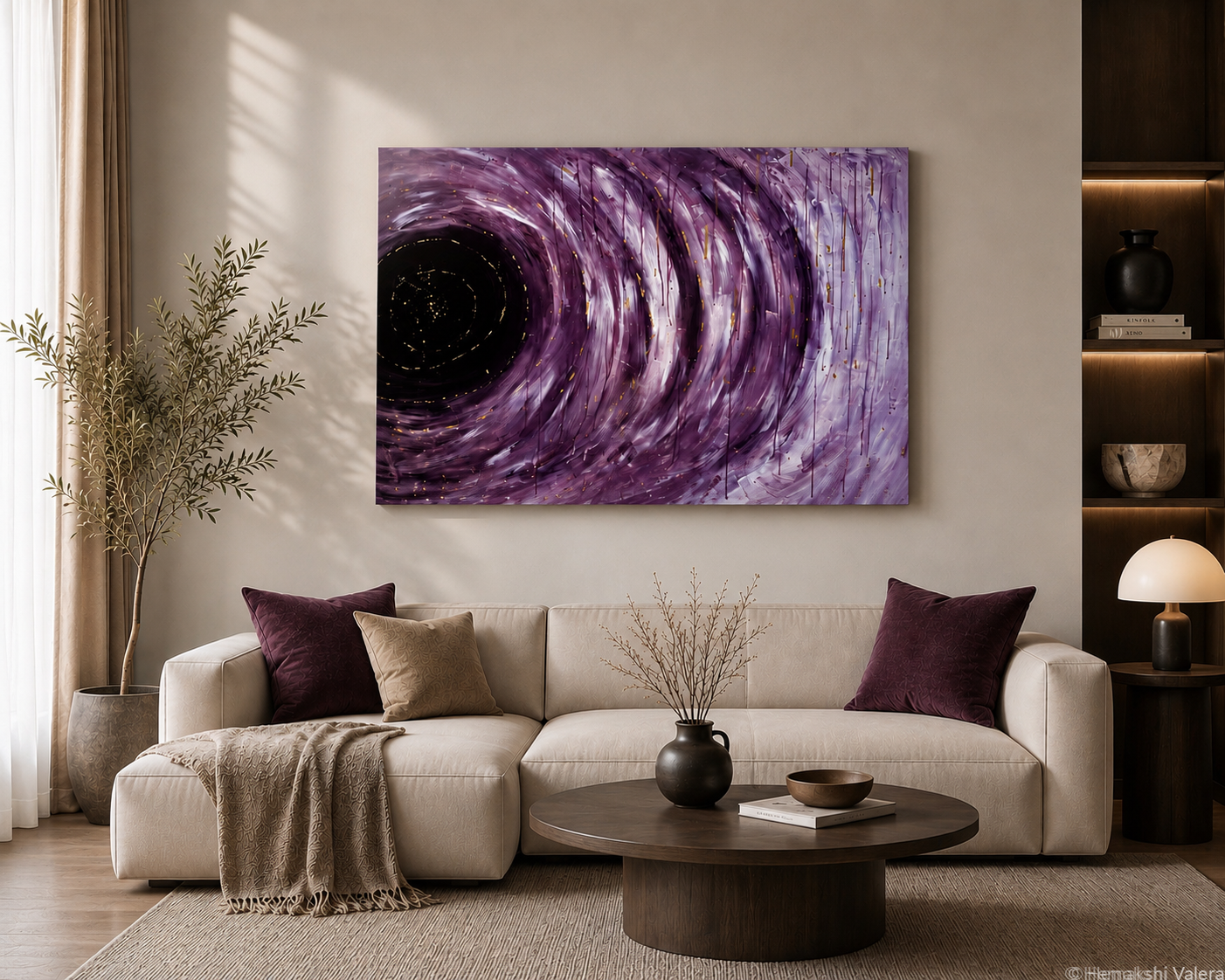 The Echo Remains, an original mauve and gold abstract acrylic painting, hanging above a cream sofa in a modern living room