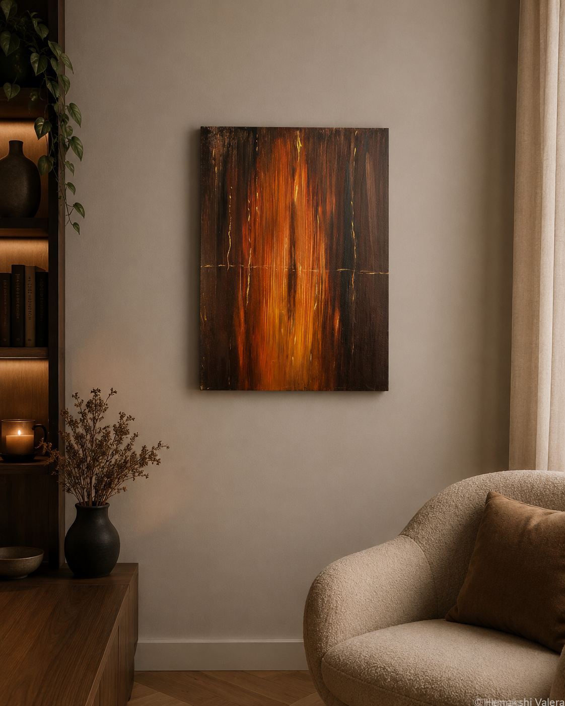 The Last Note, an original brown and amber abstract painting, hanging above a timber sideboard in a warm room