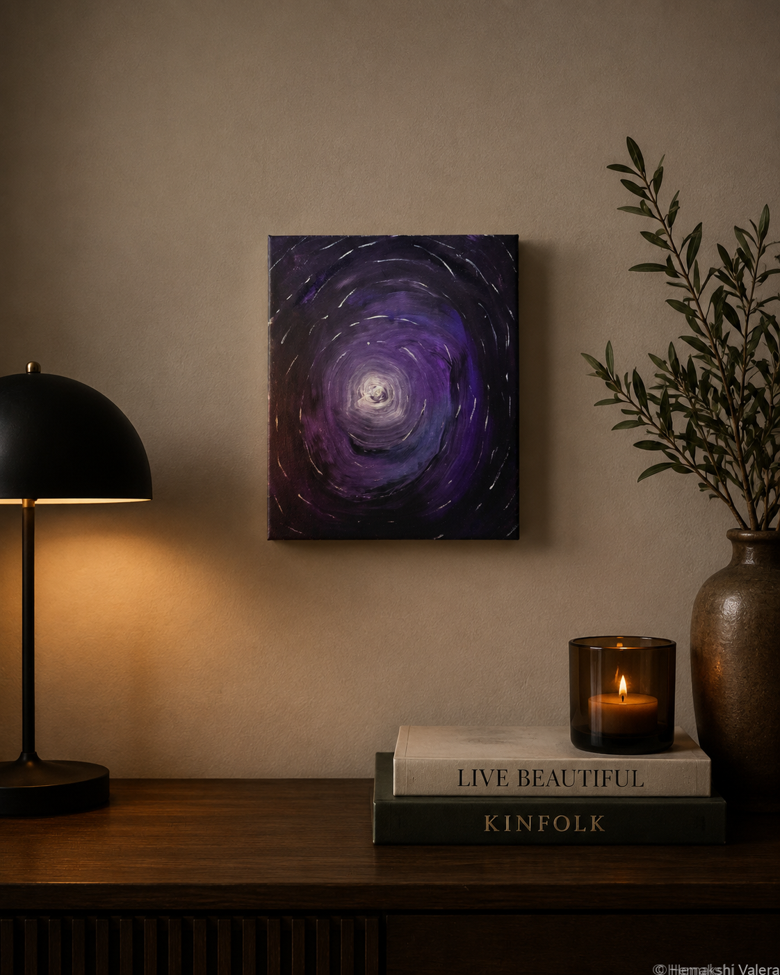 The Shape of Quiet, an original deep violet and black abstract painting, hanging in a dark-toned modern interior