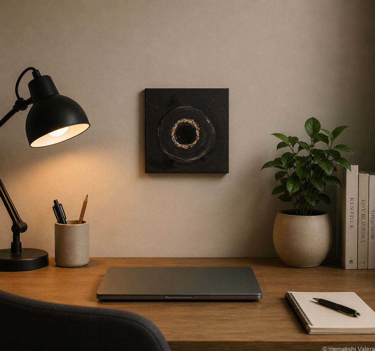 The Weight of Silence, an original black abstract painting with a gold and silver void, hanging on a pale gallery wall