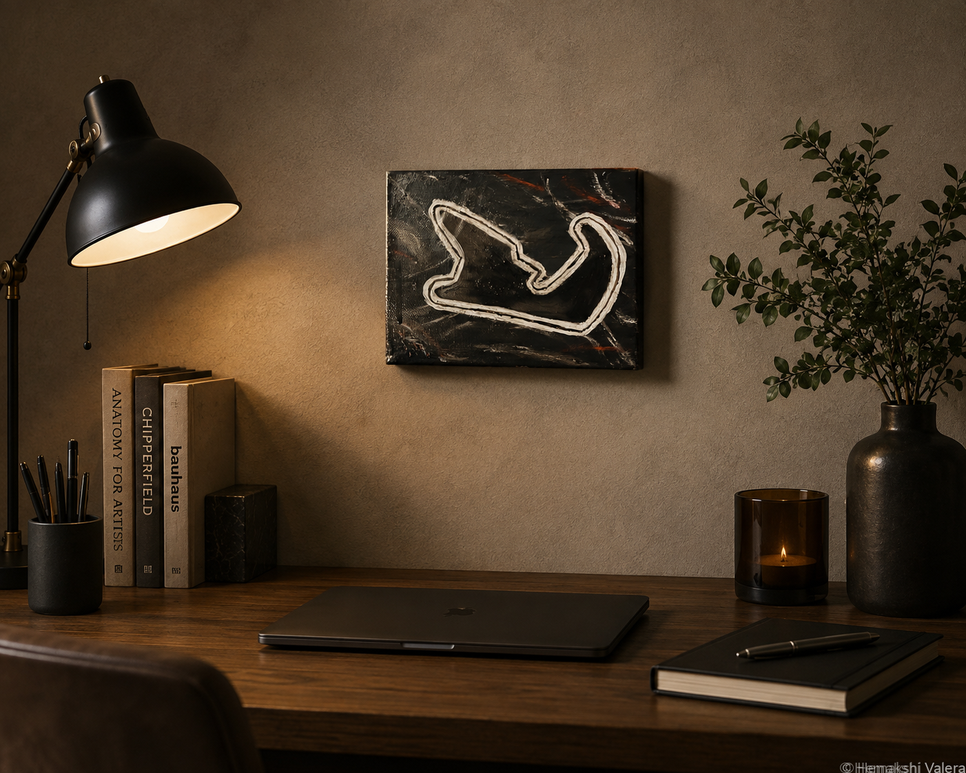 Winds of Silverstone, an original white on black F1 circuit painting, hanging above a desk in a modern home office