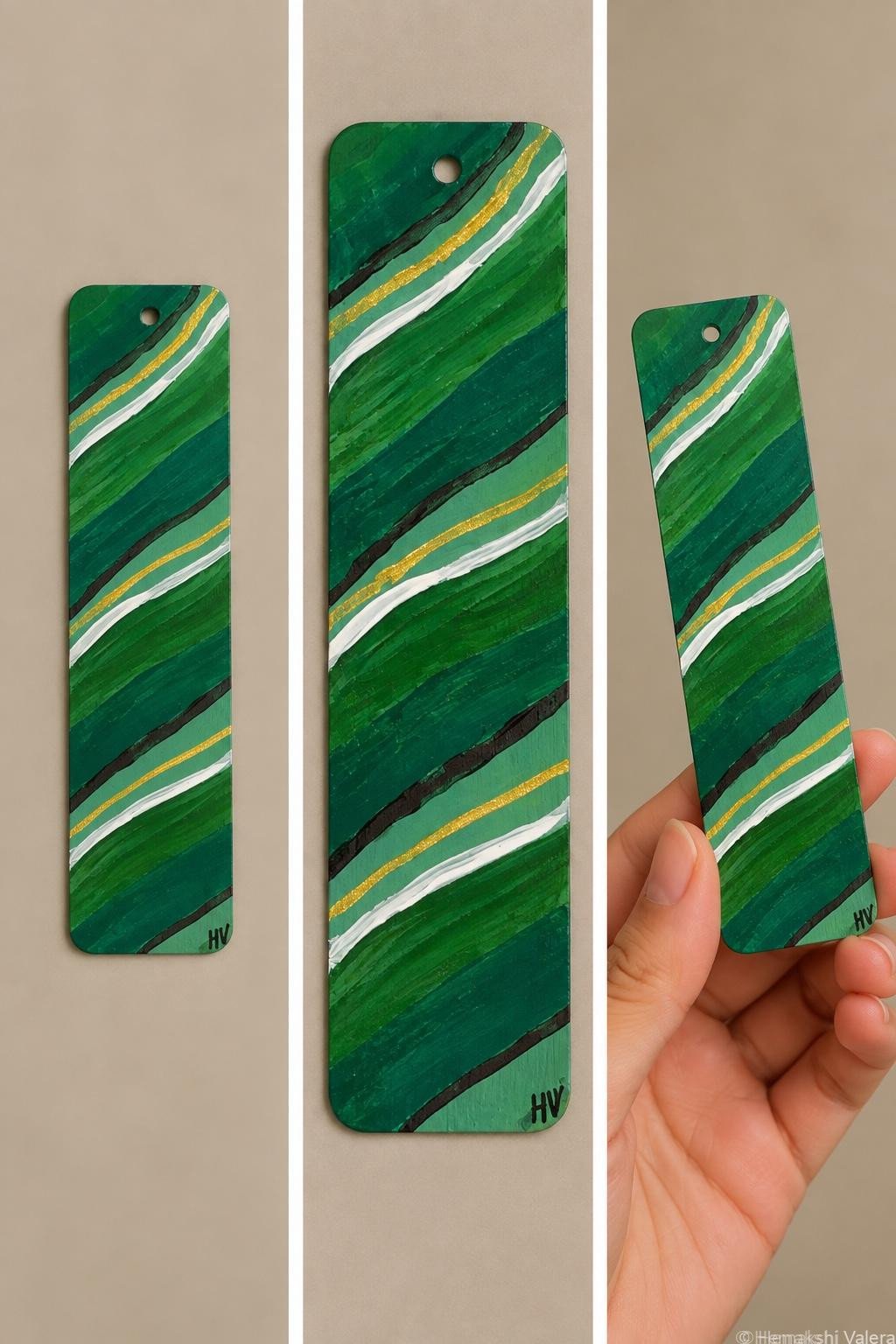 Emerald Lines — Hand-Painted Wooden Bookmark