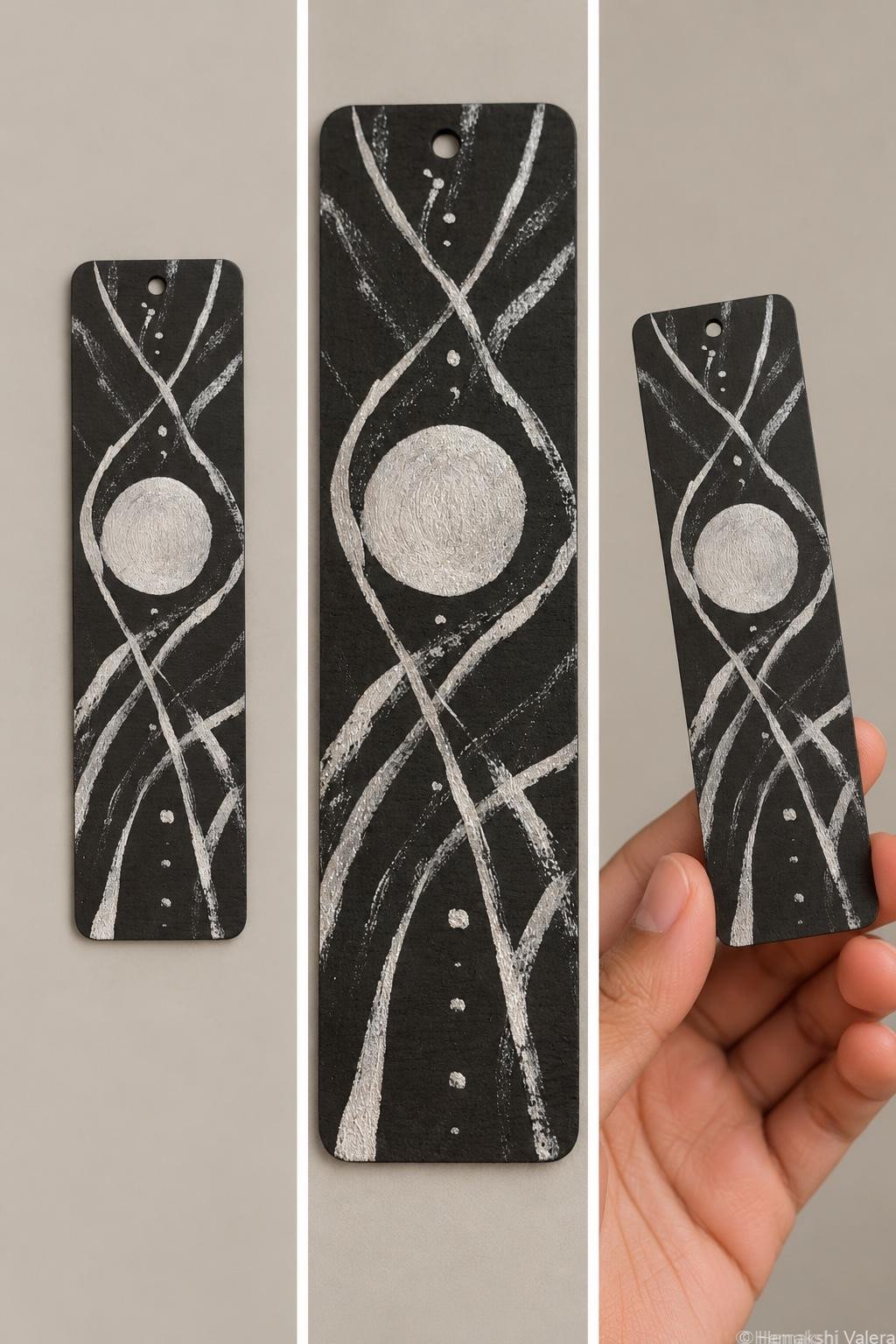 Silver Orbit — Hand-Painted Wooden Bookmark