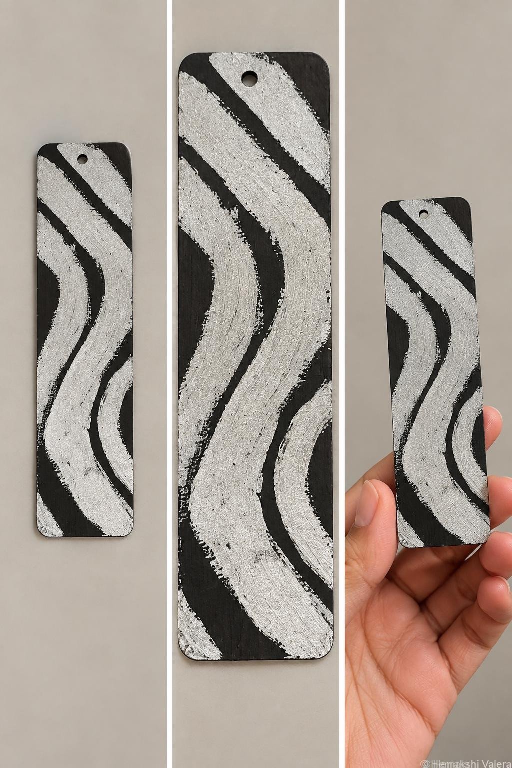 Silver Waves — Hand-Painted Wooden Bookmark