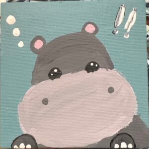 Hippo Hooray Harold – cute grey hippo original acrylic mini painting by Hemakshi Valera