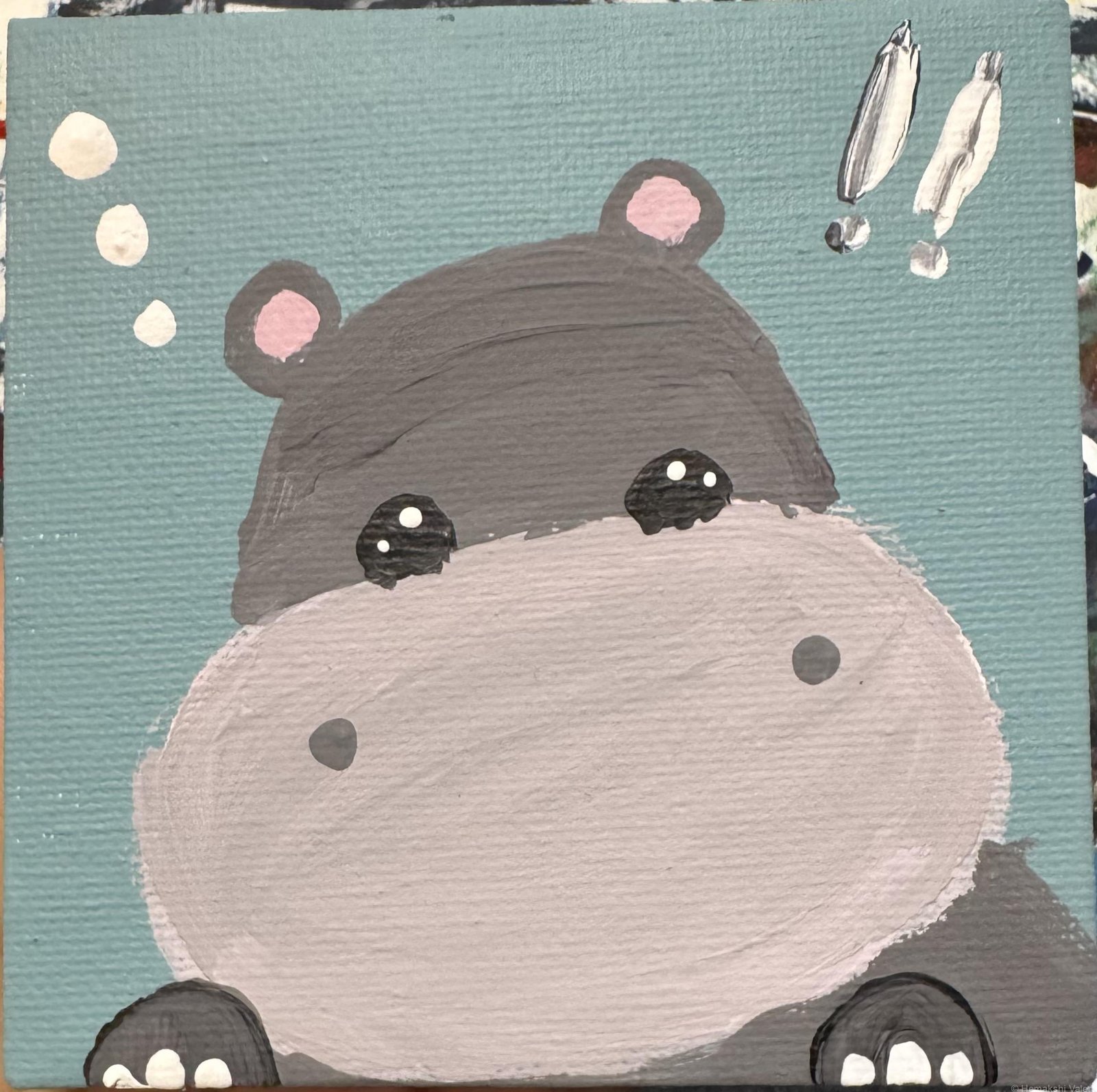 Hippo Hooray Harold – cute grey hippo original acrylic mini painting by Hemakshi Valera