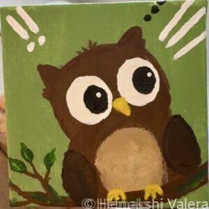Hoo Said That, Harry — brown wide-eyed owl on a green background, original 7.5 x 7.5 cm acrylic painting by Hemakshi Valera
