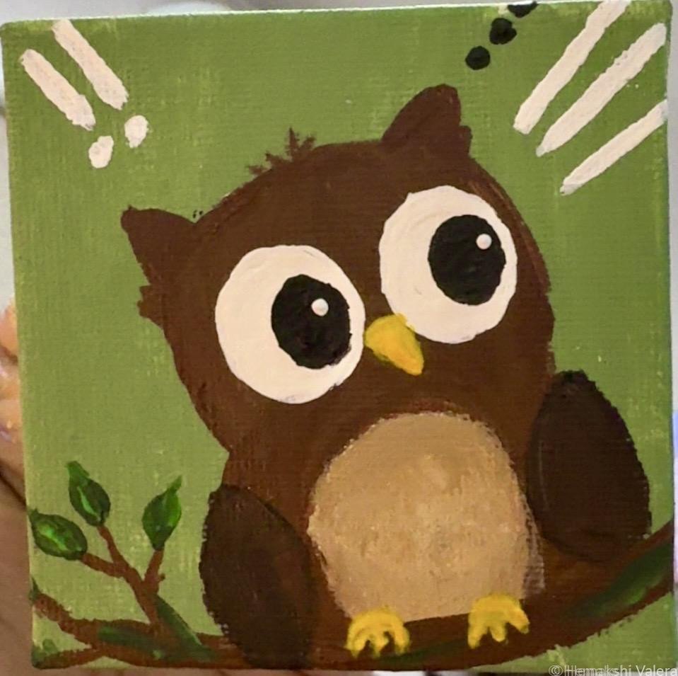 Hoo Said That, Harry — brown wide-eyed owl on a green background, original 7.5 x 7.5 cm acrylic painting by Hemakshi Valera