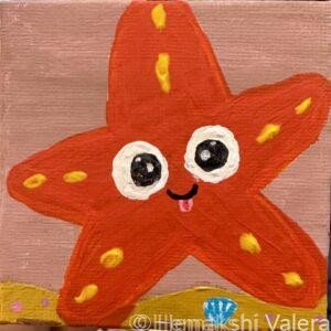 Hug Me, Hugo, orange starfish original acrylic mini painting on pink background by Hemakshi Valera