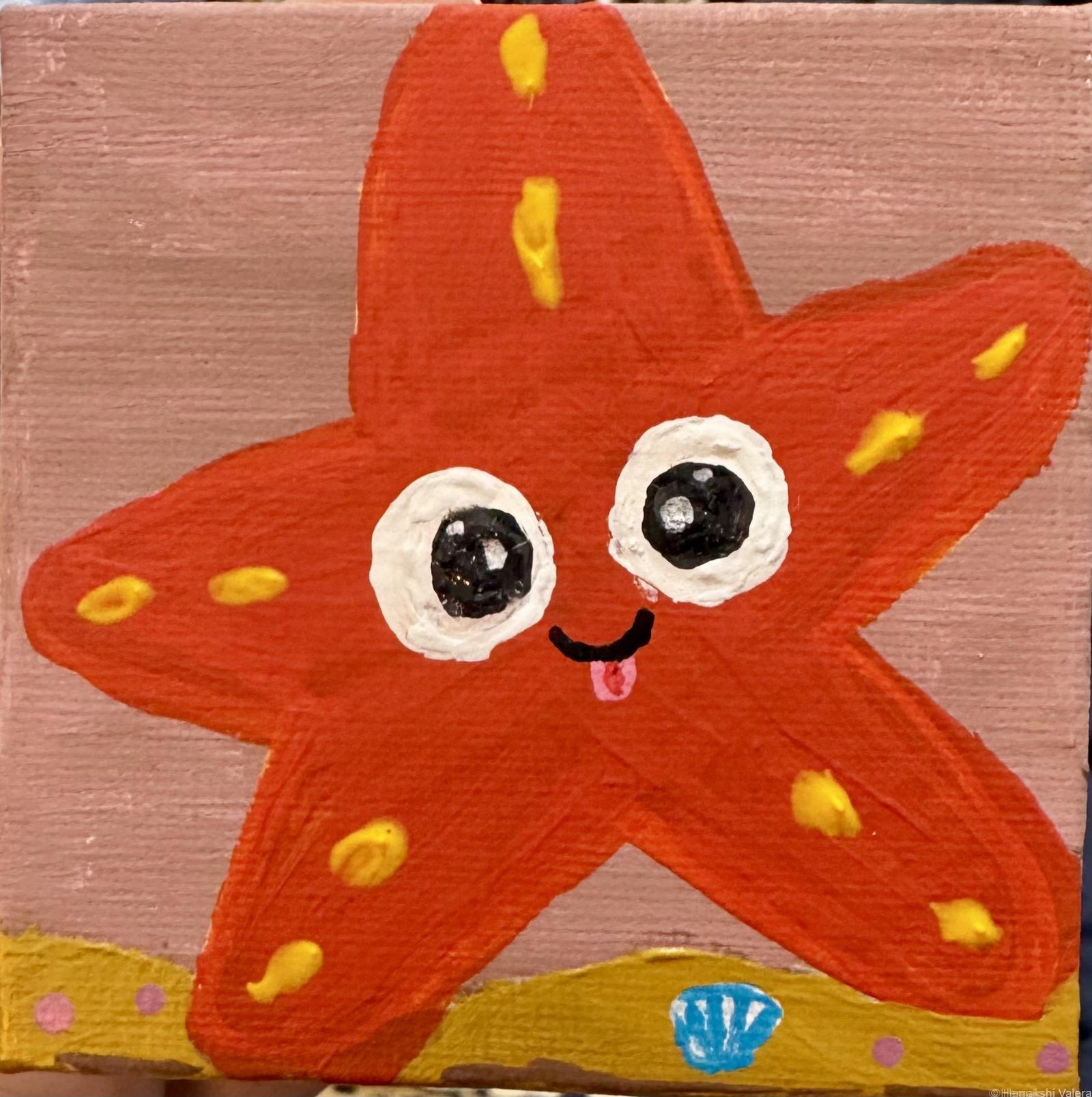 Hug Me, Hugo, orange starfish original acrylic mini painting on pink background by Hemakshi Valera