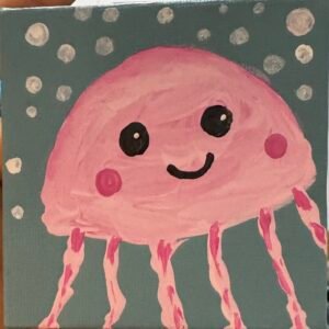 Jelly Belly Ellie – pink smiling jellyfish original acrylic mini painting by Hemakshi Valera