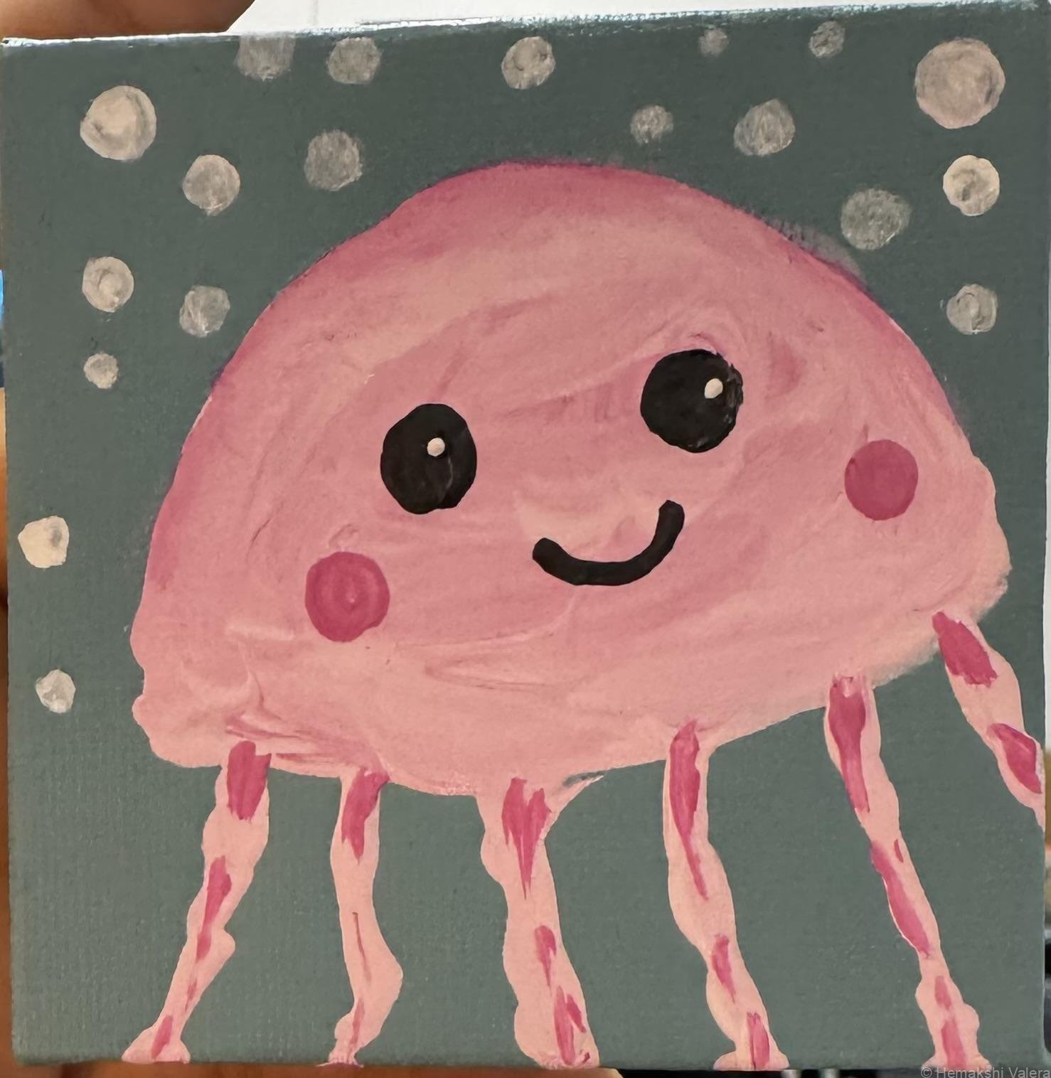 Jelly Belly Ellie – pink smiling jellyfish original acrylic mini painting by Hemakshi Valera