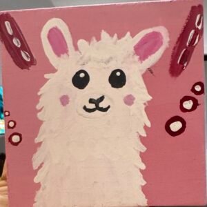 Llama Tell You, Lucy – fluffy white llama original acrylic mini painting by Hemakshi Valera