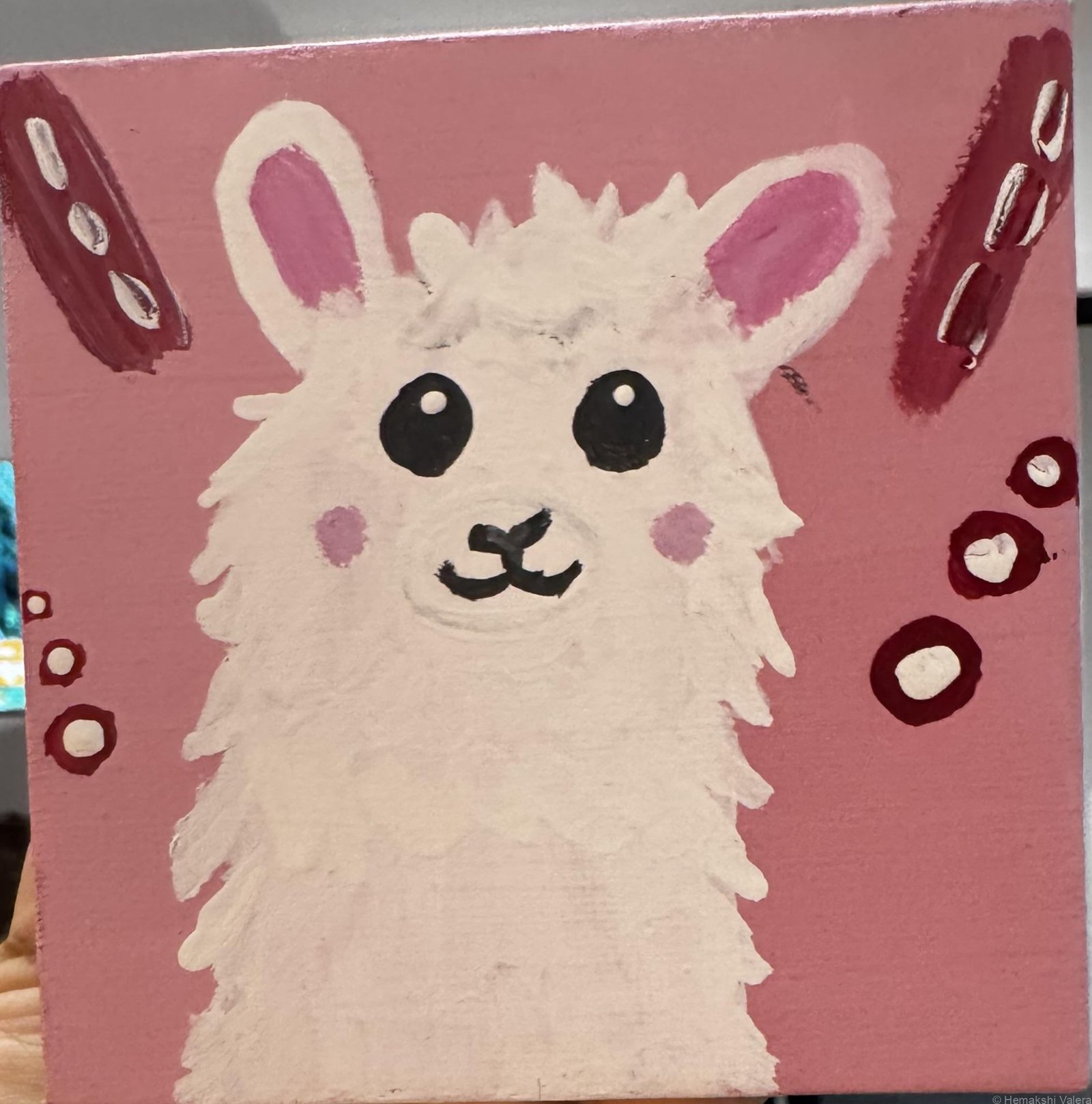 Llama Tell You, Lucy – fluffy white llama original acrylic mini painting by Hemakshi Valera