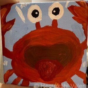 Oh Crab, Patrick – original red crab acrylic mini painting on blue background by Hemakshi Valera