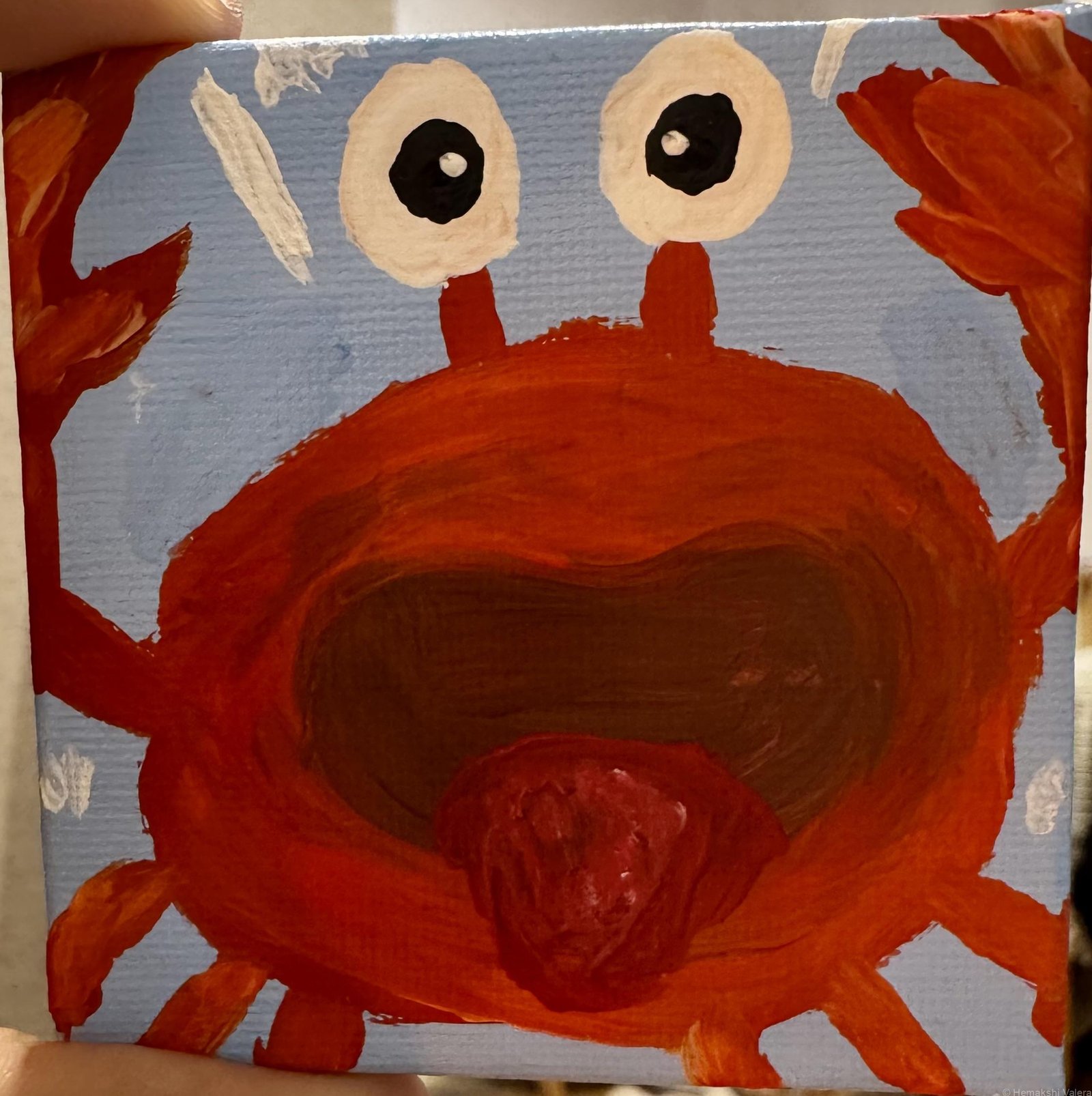 Oh Crab, Patrick – original red crab acrylic mini painting on blue background by Hemakshi Valera