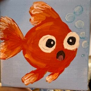 Oh My Goldie! – original surprised orange goldfish acrylic mini painting with bubbles by Hemakshi Valera
